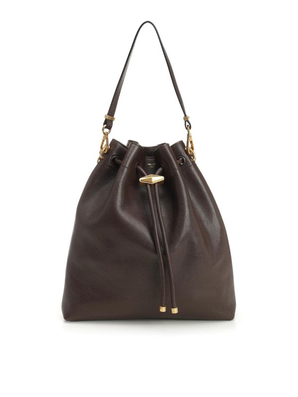 JIMMY CHOO: Bucket bags - Brown Leather Cinch Bucket Bag