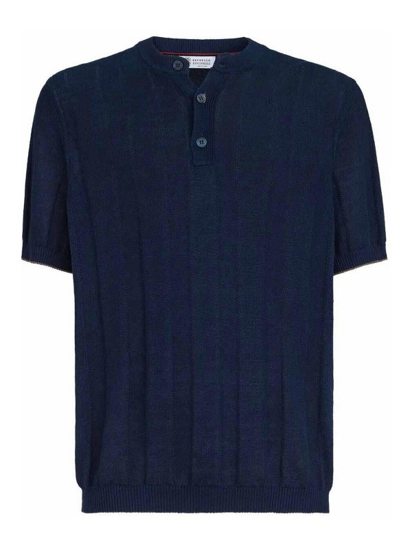 BRUNELLO CUCINELLI: t-shirts - Textured Rib Knit T-Shirt With Henley Collar