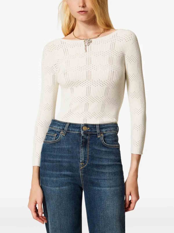 TWINSET: Strickpullover mit Rundhalsausschnitt online - Rundhalspullover - Creme