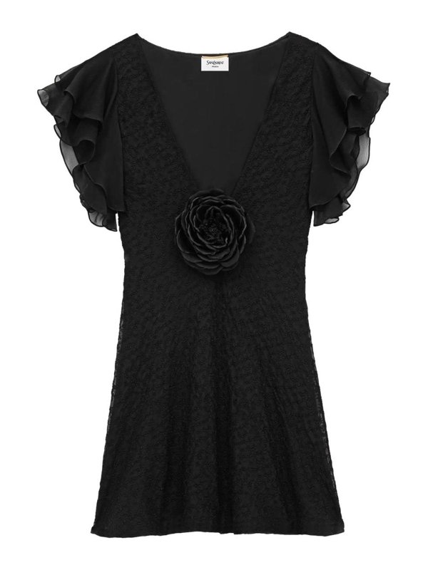 SAINT LAURENT: knee length dresses - V-Neck Embroidered Dress