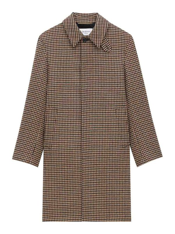 SAINT LAURENT: knee length coats - Vichy-Check Mac Coat