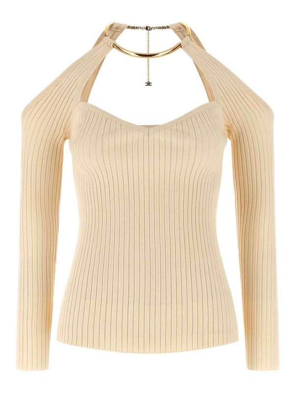 ELISABETTA FRANCHI: Strickpullover mit Rundhalsausschnitt - Rundhalspullover - Beige