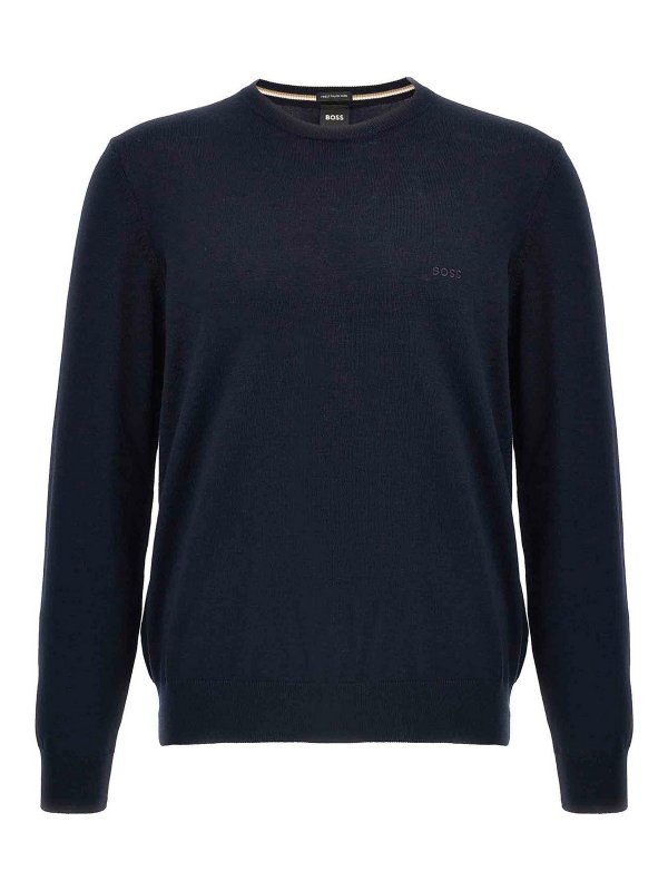 Hugo Boss: Strickpullover mit Rundhalsausschnitt - Rundhalspullover - Blau