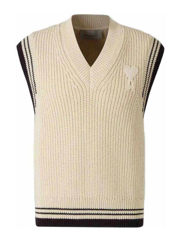 AMI PARIS: vests - Ribbed V-Neck Knit Vest