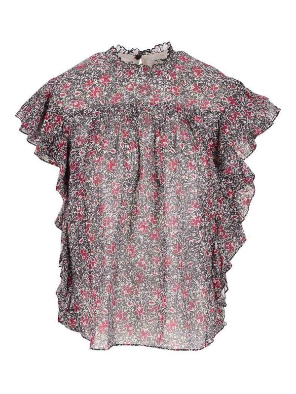 Isabel Marant Etoile: Tops & Tank tops - Black Floral Print Top With Ruffle Trim