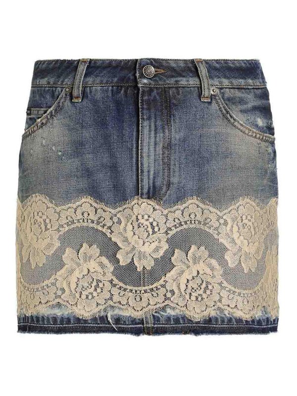 DOLCE & GABBANA: minigonne - Minigonna In Denim Con Pizzo Bianco