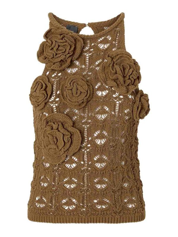 Pinko: Tops & Tank tops - Nymphaea Top In Brown Knitwear With Roses