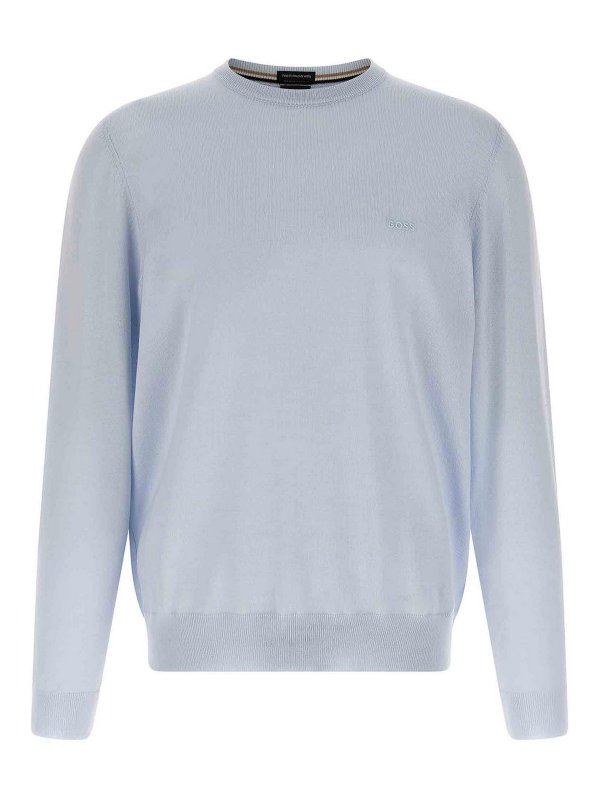 Hugo Boss: Strickpullover mit Rundhalsausschnitt - Rundhalspullover - Hellblau