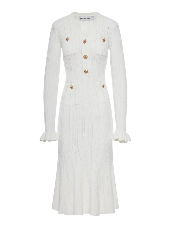 Self Portrait: knee length dresses - Midi Dress In White Openwork Knit