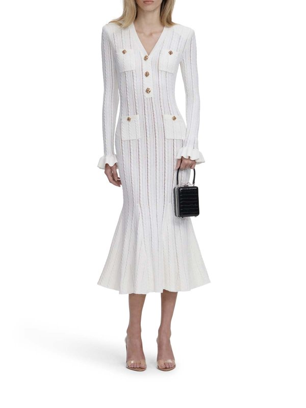 Self Portrait: knee length dresses online - Midi Dress In White Openwork Knit