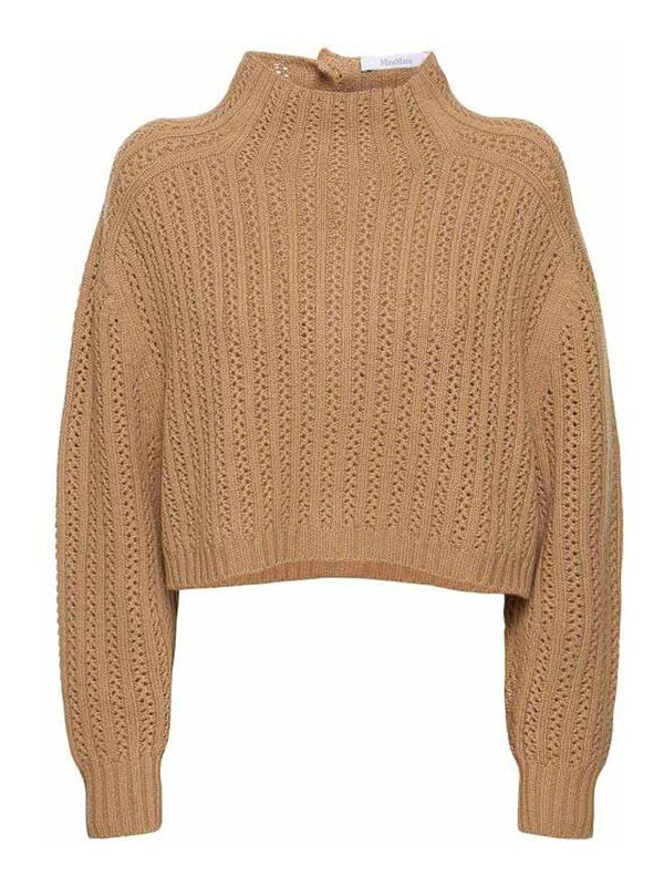 Max Mara: Strickpullover mit Rundhalsausschnitt - Rundhalspullover - Camel