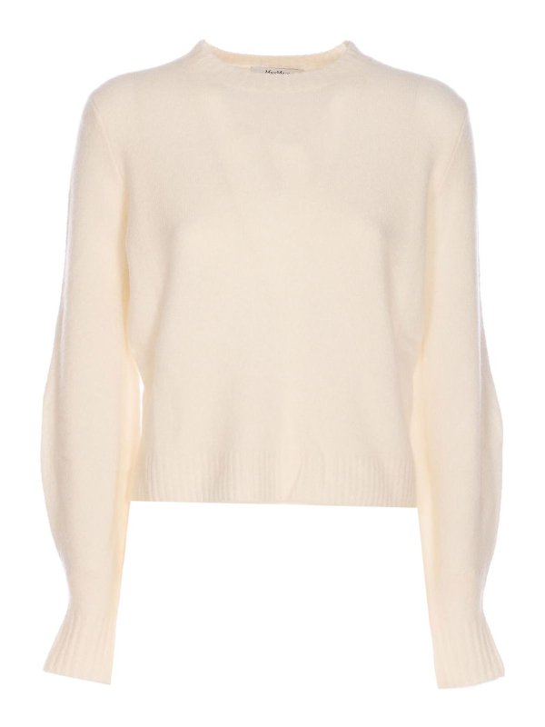 Max Mara: Strickpullover mit Rundhalsausschnitt - Rundhalspullover - Weiß