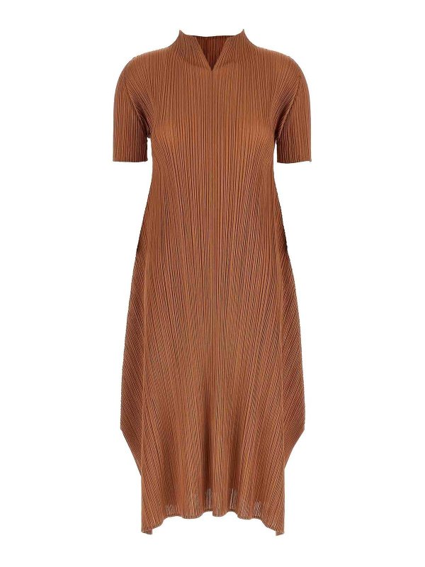 PLEATS PLEASE ISSEY MIYAKE: ニーレングスドレス - 膝丈ドレス - ブラウン