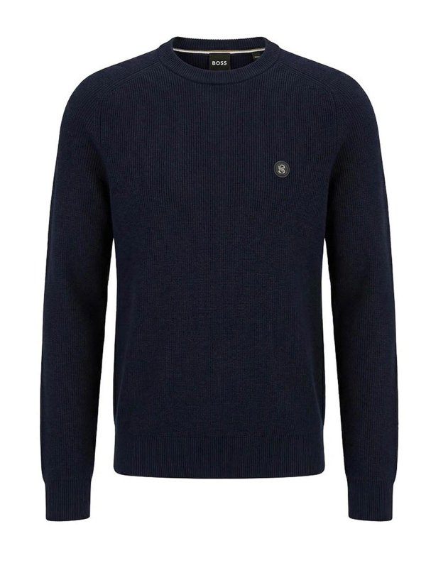 Hugo Boss: Strickpullover mit Rundhalsausschnitt - Rundhalspullover - Blau