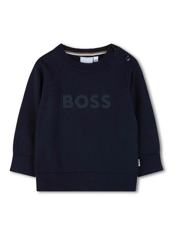 Hugo Boss: Strickpullover mit Rundhalsausschnitt - Rundhalspullover - Blau