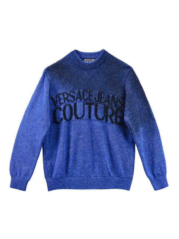 Versace Jeans Couture: Strickpullover mit Rundhalsausschnitt - Rundhalspullover - Blau