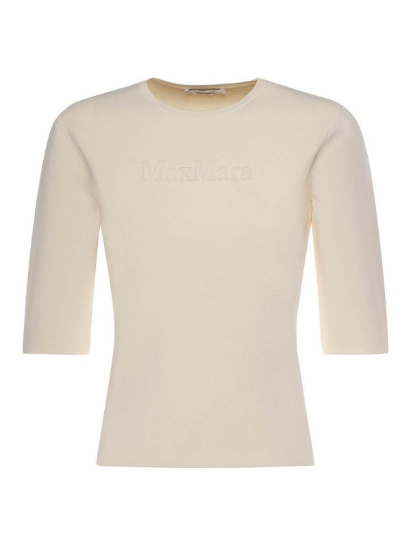 Max Mara: Strickpullover mit Rundhalsausschnitt - Rundhalspullover - Weiß