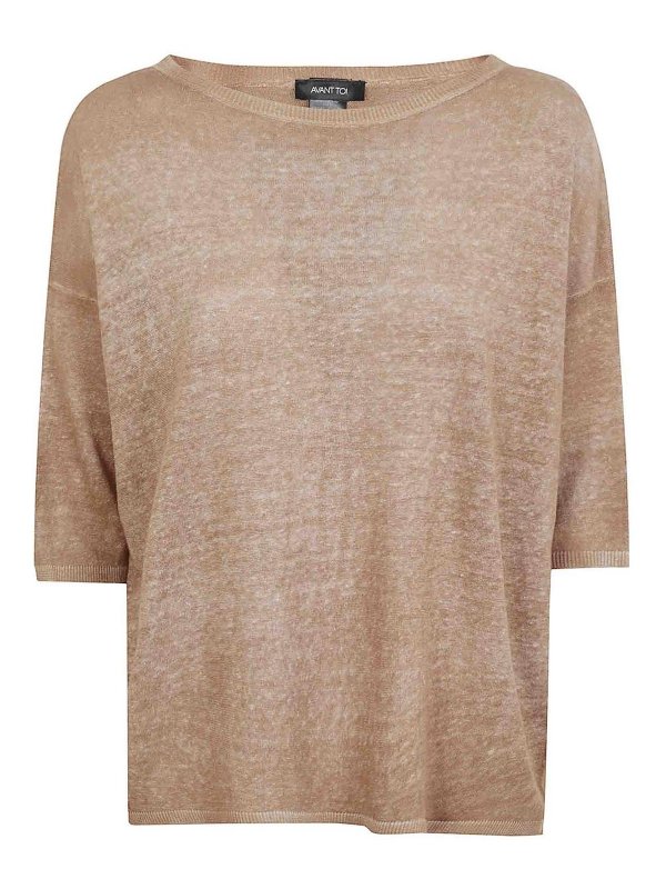 AVANT-TOI: Strickpullover mit Rundhalsausschnitt - Rundhalspullover - Hellbraun