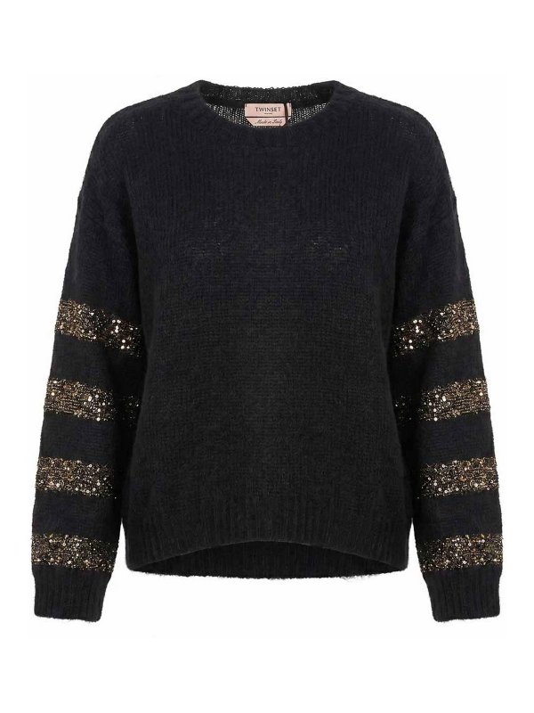 TWINSET: Strickpullover mit Rundhalsausschnitt - Rundhalspullover - Schwarz