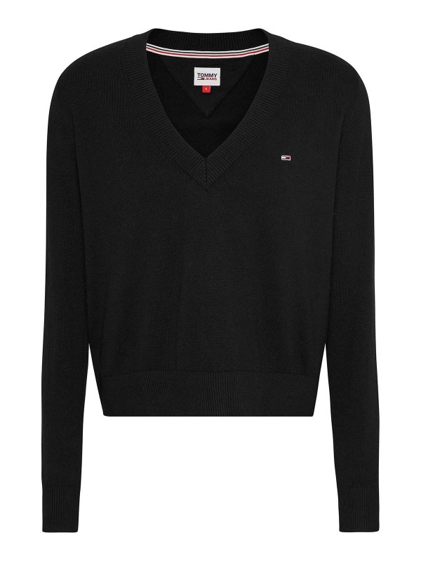 TOMMY HILFIGER: Strickpullover mit V-Ausschnitt - V-Pullover - Schwarz