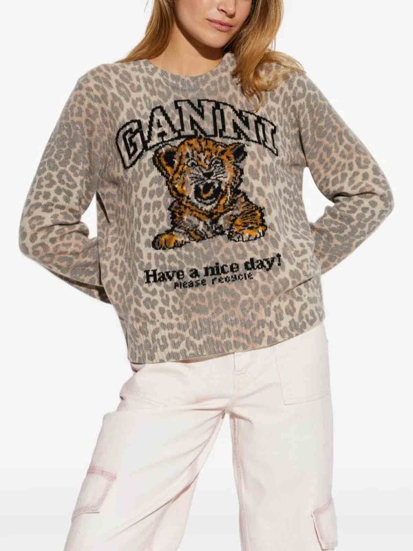 The Best Shops GANNI: Strickpullover mit Rundhalsausschnitt - Rundhalspullover - Beige