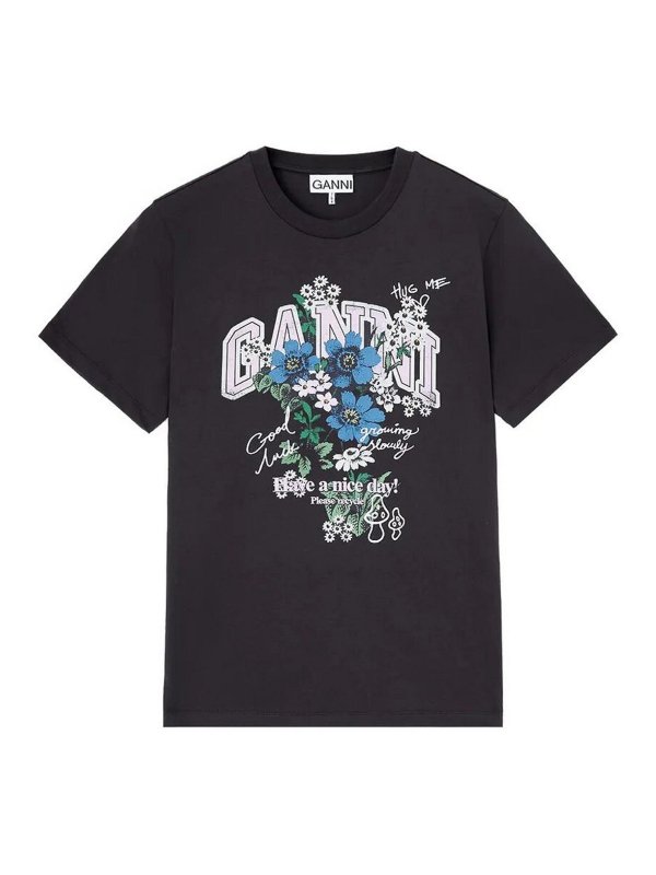 GANNI: t-shirt - Maglietta basic  in cotone con loreale