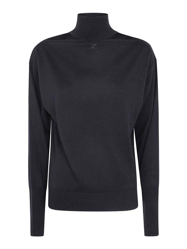 Courreges: Strickpullover mit Rundhalsausschnitt - Rundhalspullover - Schwarz