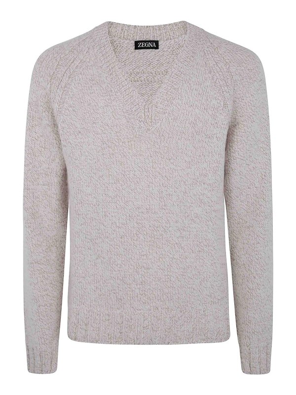 ZEGNA: Strickpullover mit V-Ausschnitt - V-Pullover - Nude