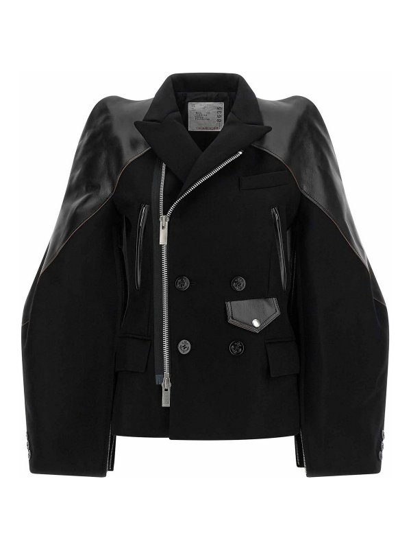 Sacai: short coats online - Melton wool jacket