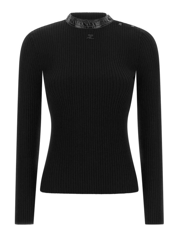 Courreges: Strickpullover mit Rundhalsausschnitt - Rundhalspullover - Schwarz