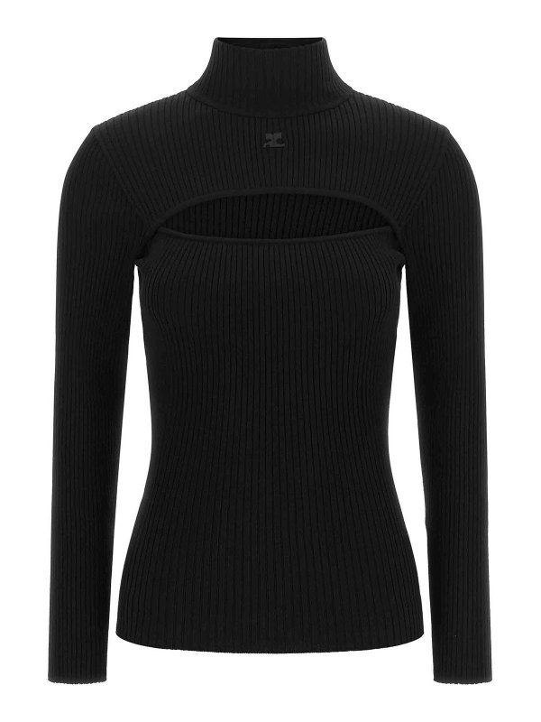 Courreges: Strickpullover mit Rundhalsausschnitt - Rundhalspullover - Schwarz
