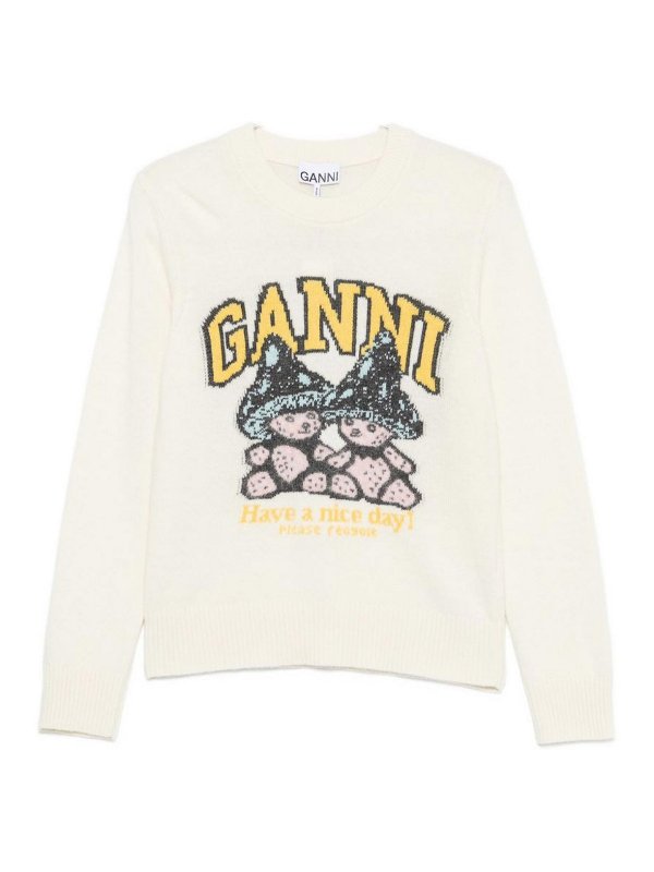 GANNI: Strickpullover mit Rundhalsausschnitt - Rundhalspullover - Creme