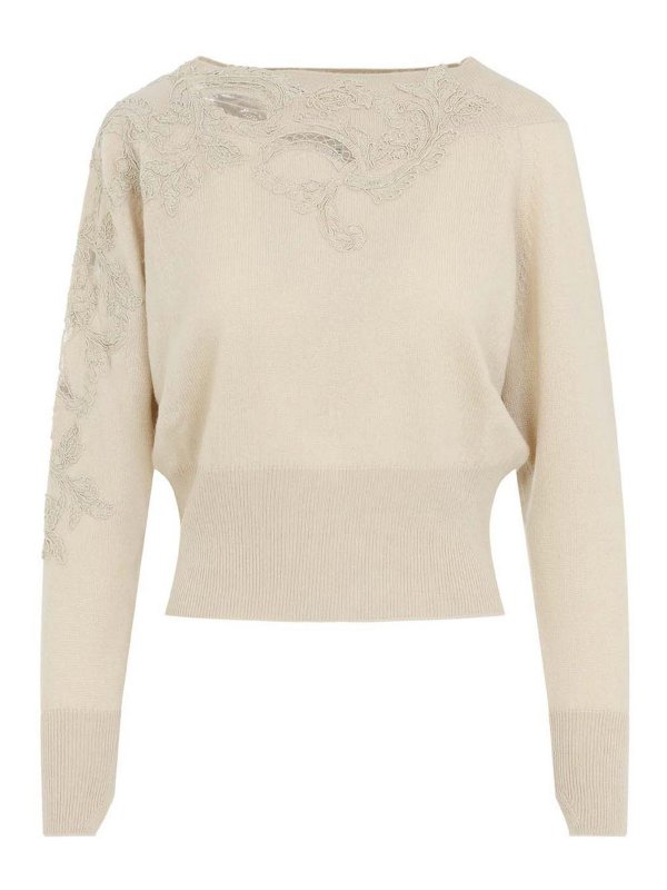 ERMANNO SCERVINO: Strickpullover mit Rundhalsausschnitt - Rundhalspullover - Creme