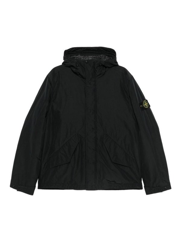 STONE ISLAND: casual jackets - Black Technical Hooded Jacket With Logo Patch