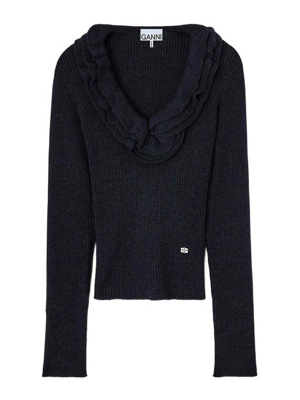 GANNI: Strickpullover mit Rundhalsausschnitt - Rundhalspullover - Schwarz