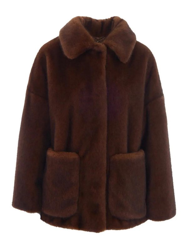 HERNO: knee length coats - Dark Brown Fur Jacket Coat
