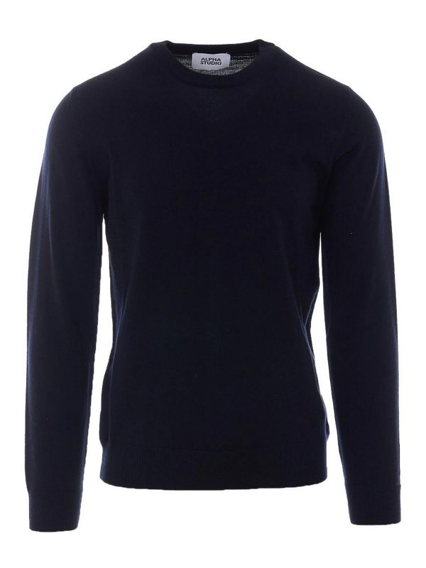 ALPHA STUDIO: crew necks - Black Wool Crew-Neck Sweater