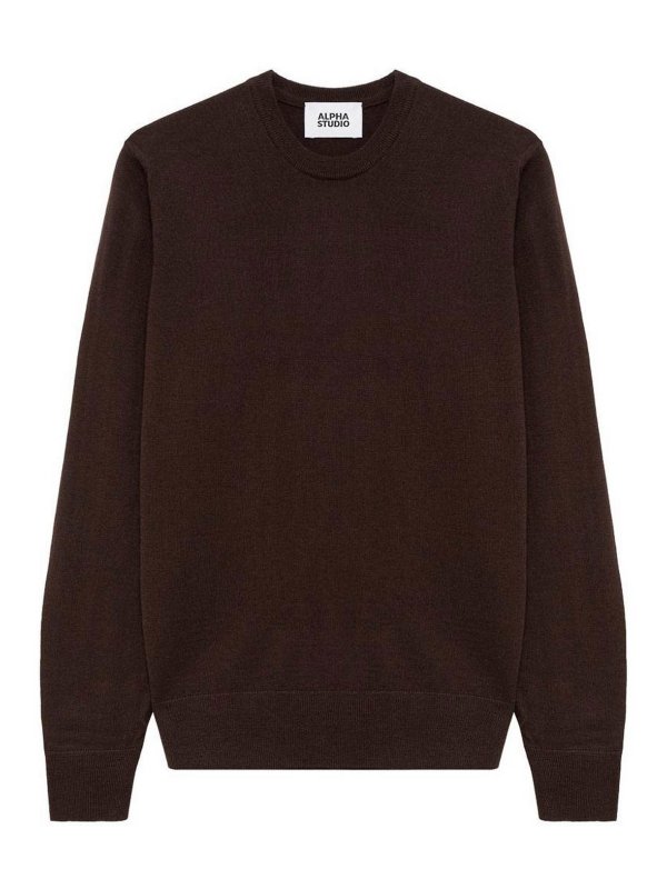 ALPHA STUDIO: crew necks - Brown Wool Crew-Neck Sweater