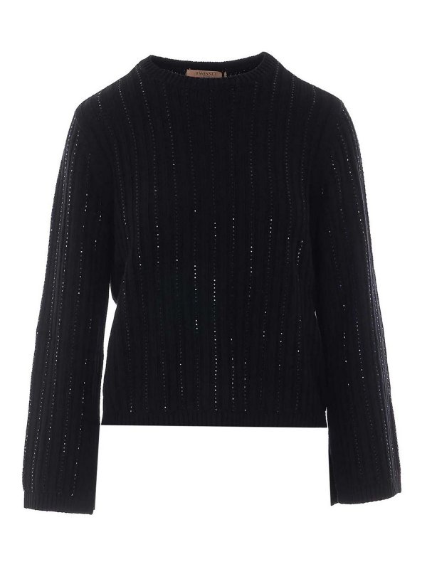 TWINSET: Strickpullover mit Rundhalsausschnitt - Rundhalspullover - Schwarz