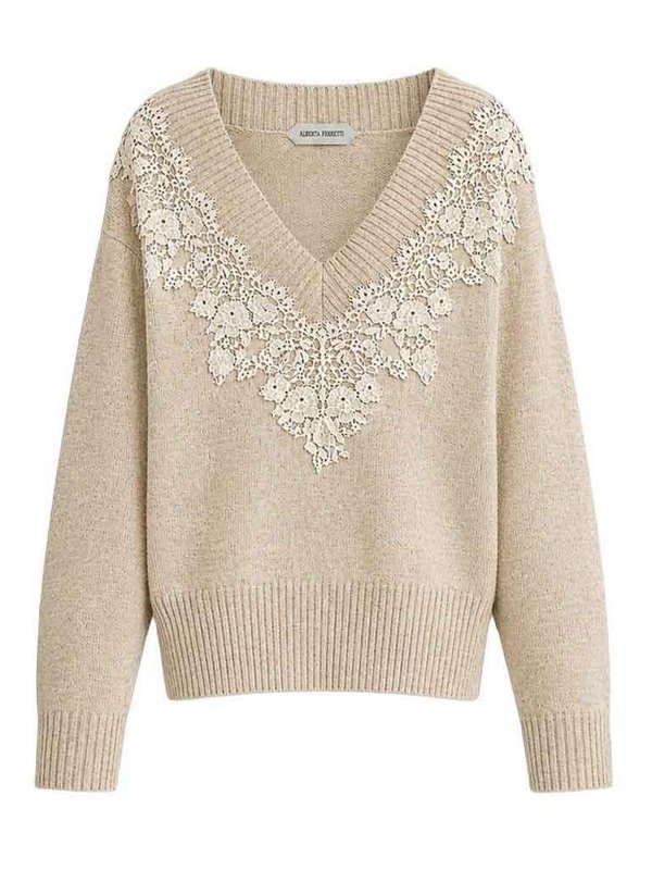 ALBERTA FERRETTI: Strickpullover mit Rundhalsausschnitt - Rundhalspullover - Weiß