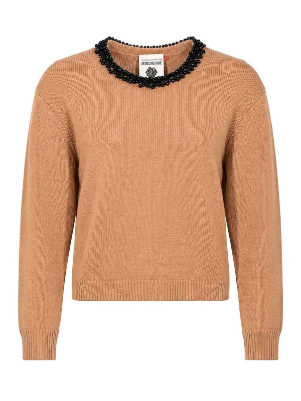 Semicouture: Strickpullover mit Rundhalsausschnitt - Rundhalspullover - Camel