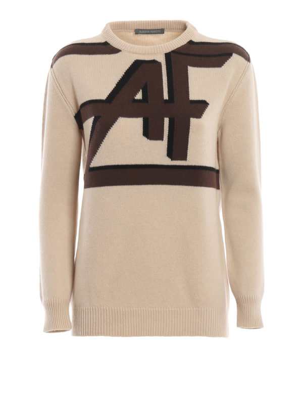 ALBERTA FERRETTI: maglia collo rotondo - Pull in lana e cashmere con logo intarsiato