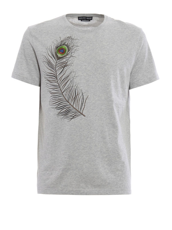 ALEXANDER MCQUEEN: t-shirts - Embroidered peacock feather T-shirt