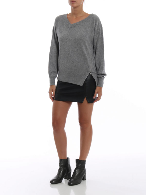 ALEXANDER WANG: v necks online - Grey cashmere blend sweater with side zip