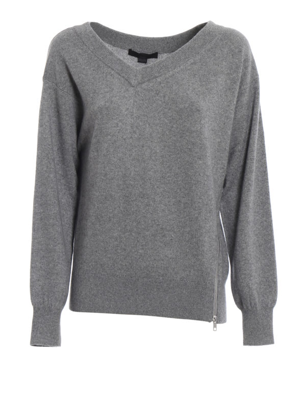 ALEXANDER WANG: v necks - Grey cashmere blend sweater with side zip