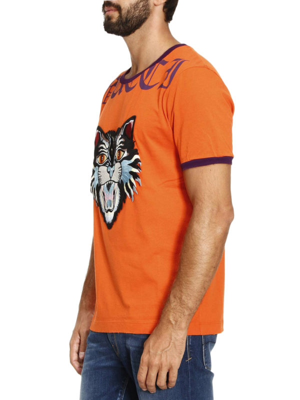 T-shirts Gucci - Angry Cat patch orange T-shirt - 476035X5V037548