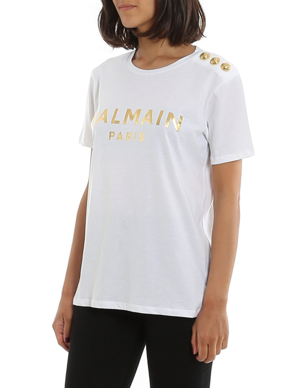 Balmain Golden logo T-shirt with buttons - White|TF01350I414GAD