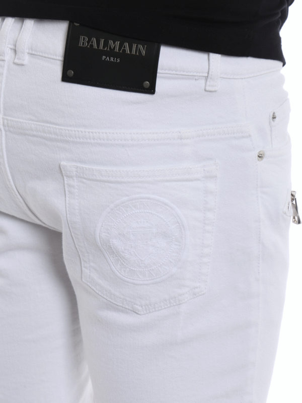 Balmain buy online White denim biker jeans