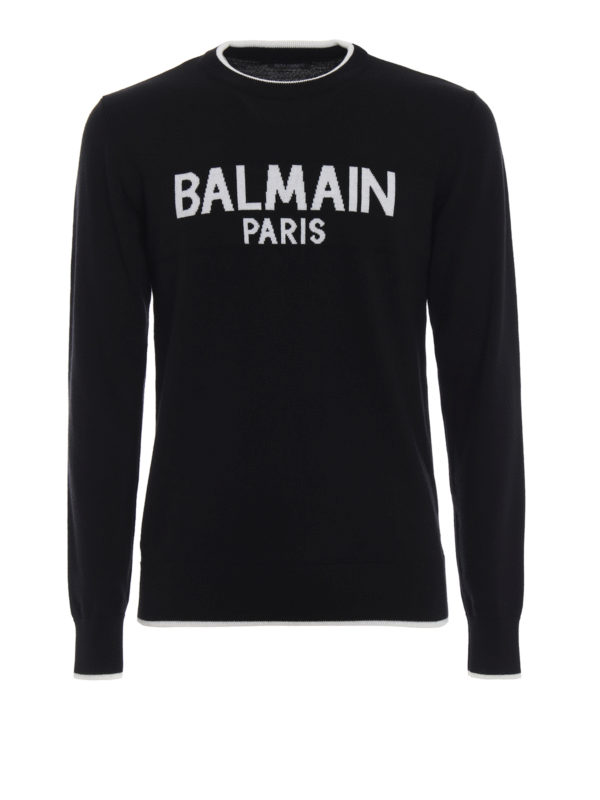 Balmain: crew necks - Balmain Paris intarsia black wool crewneck