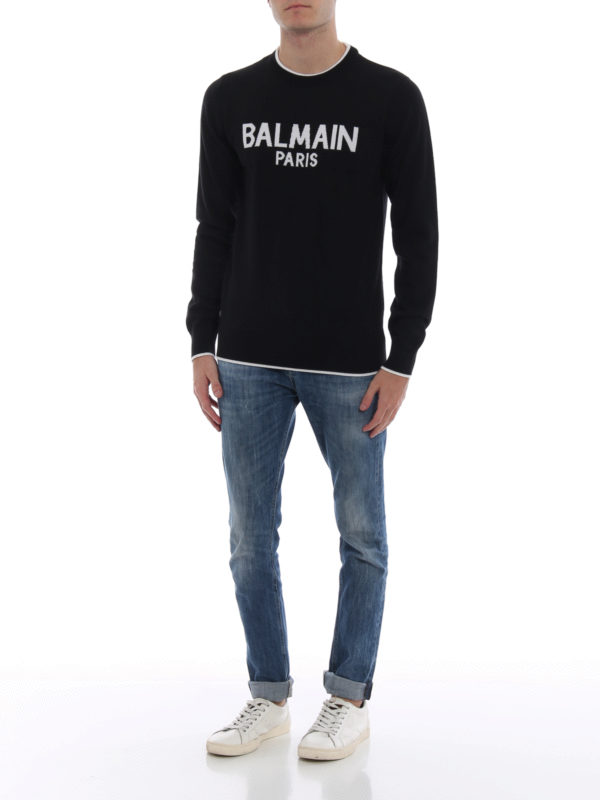 Balmain: crew necks online - Balmain Paris intarsia black wool crewneck